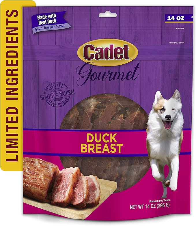 Cadet Gourmet Duck Breast Jerky Dog Treats, Healthy, Long-Lasting High-Protein Training Treats for Small & Large Dogs, 14 oz.