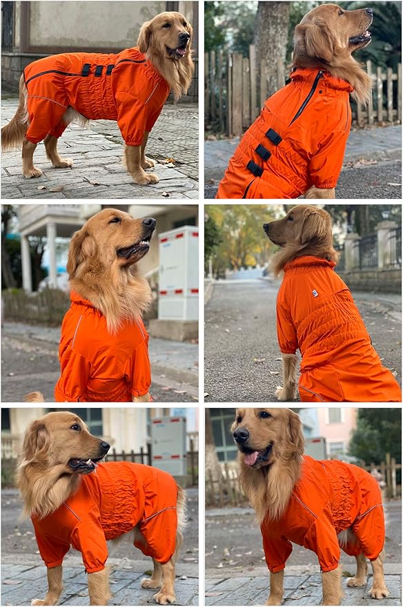 Dogs Waterproof Jacket, Lightweight Waterproof Jacket Reflective Safety Dog Raincoat Windproof Snow-Proof Dog Vest for Small Medium Large Dogs Orange 4XL