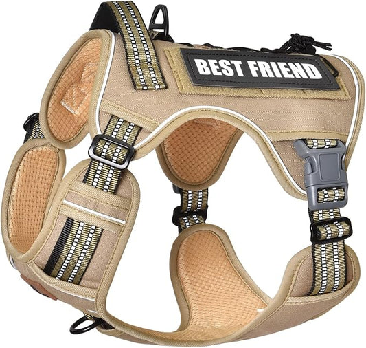 PET MARVEL Tactical Dog Harness for Large Size, No Pull Military Dog Vest with Easy Control Handle, Molle Hoop & Loop, Adjustable Reflective Reinforced Stich for Walking Training, Brown