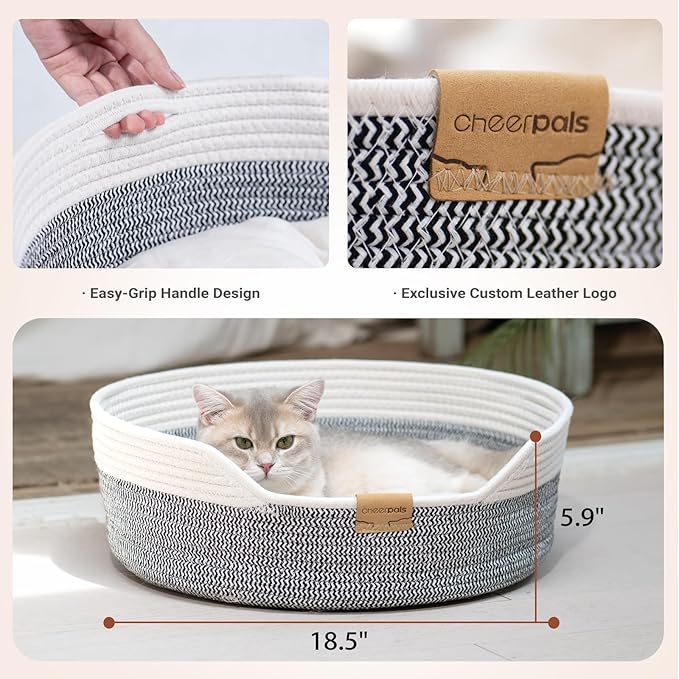 CHEERHOME PETS Cat Bed Basket with Cushion, Cute Pet Bed for Indoor Cats Couch, Kitten Bed for Medium and Large Cat, All Season Universal (Grey)