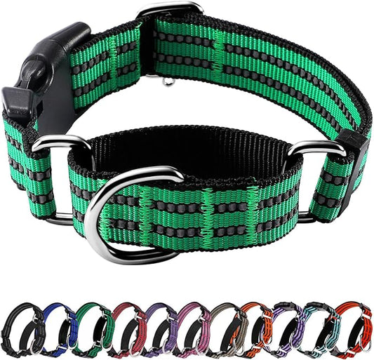 Hikiko Martingale Dog Collars Reflective Nylon Dog Collar with Quick Release Buckle Adjustable Training No Slip Dog Collar (Small, Green)