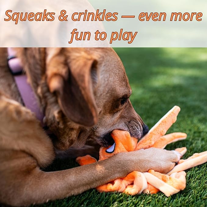 Orange Octopus Dog Toy – Squeaky & Crinkle Plush – Durable No Stuffing Chew Toy for Small Medium Large Dogs Puppies & Seniors – Interactive Safe Soft Toy for Tug Fetch Play – Tail Town