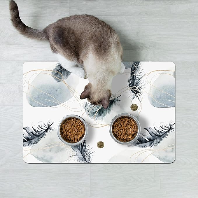 Rnivvi Dog Food Mat, 12" x 19" Absorbent Dog Cat Bowl Mat for Food and Water, Cute Anti-Slip Rubber Pet Feeding Rug Protect Floors, Puppy Placemat for Feeding & Watering Supplies, Abstract Plume