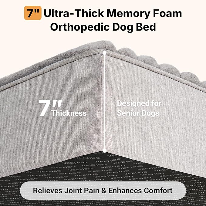 Veehoo Orthopedic Dog Bed for Large Senior Dogs, 7 Inch Thick XXL Memory Foam Dog Bed with L Shaped Bolsters, Orthopedic Pet Couch with Waterproof Liner & Removable Washable Cover, 52"x36"x7"