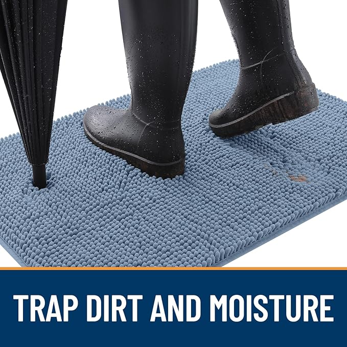OLANLY Dog Door Mat for Muddy Paws 34x21, Absorbs Moisture and Dirt, Absorbent Non-Slip Washable Doormat, Quick Dry Chenille Mud Mat for Dogs, Entry Indoor Entryway Carpet for Inside Floor, Airy Blue