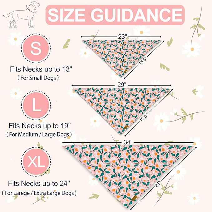 Spring Dog Bandanas - 2 Pack Floral Dog Scarf for Boy & Girl, Premium Durable Fabric, Adjustable Fit, Gift for Dogs, Daisy Bandana for Large and Extra Large Dogs (X-Large)