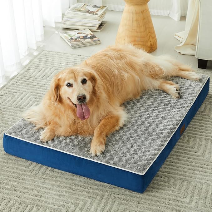 WNPETHOME Orthopedic Large Dog Bed, Extra Large Waterproof Dog Bed with Removable Washable Cover & Anti-Slip Bottom,Egg Crate Foam Pet Bed Mat,Soft Rose Plush Pet Crate Mat