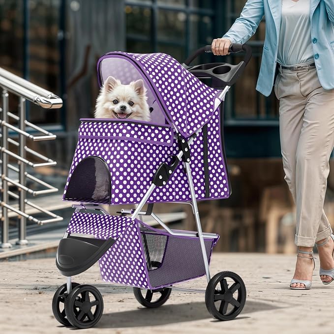 Magshion 3-Wheel Pet Stroller, Foldable Travel Jogger for Small & Medium Dogs & Cats (Up to 33lbs), Lightweight Carrier with Breathable Mesh Cover, Cup Holder & Storage Basket, Purple Polka Dots