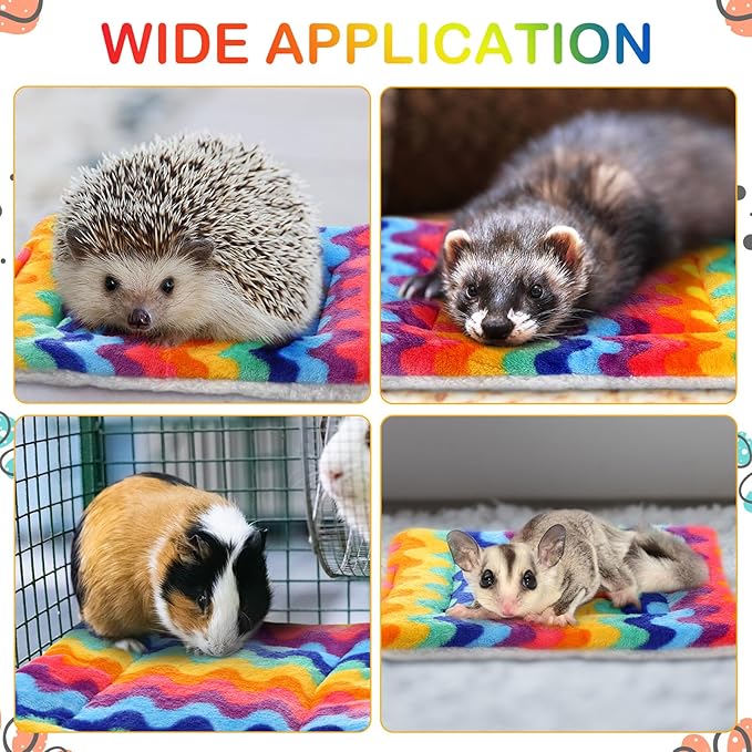 Haull 4 Pcs Waterproof Guinea Pig Bedding Winter Guinea Pig Bed Plush Cage Liners Soft Dog Cat Mat Reversible Winter Cozy Animal Pee Pad Hamster Bed Mat for Bunny (Rainbow,13 x 10 Inch)