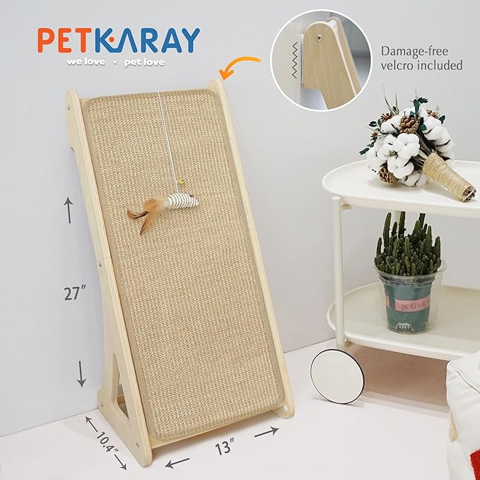 PETKARAY Cat Scratcher, Sisal Cat Scratching Ramp, L Shape Scratch Pad for Indoor Kitty, 27" Wall Furniture Protector with Mouse Toy