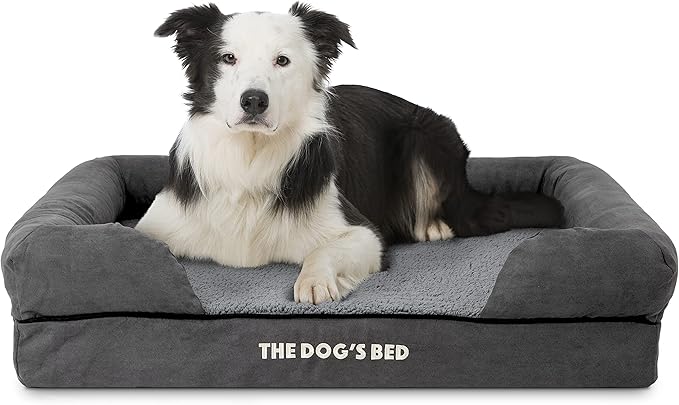 The Dog’s Bed, Large Grey Plush Memory Foam, Pain Relief: Arthritis, Hip & Elbow Dysplasia, Post Surgery, Lameness, Supportive, Calming, Waterproof Washable Cover