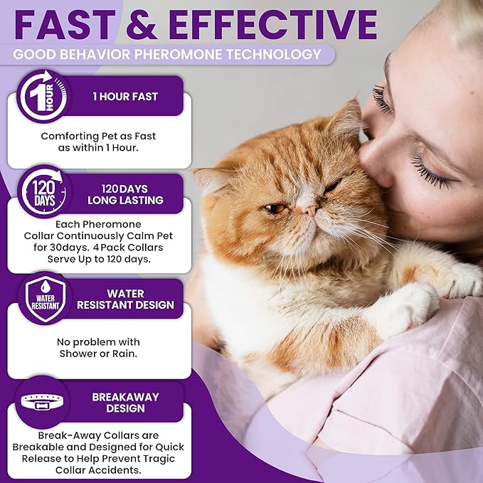 Calming Collar for Cats: Pheromone-Infused Behavior Support, Long-Lasting 30-Day Effect, Adjustable & Waterproof, 4-Pack (M Purple)