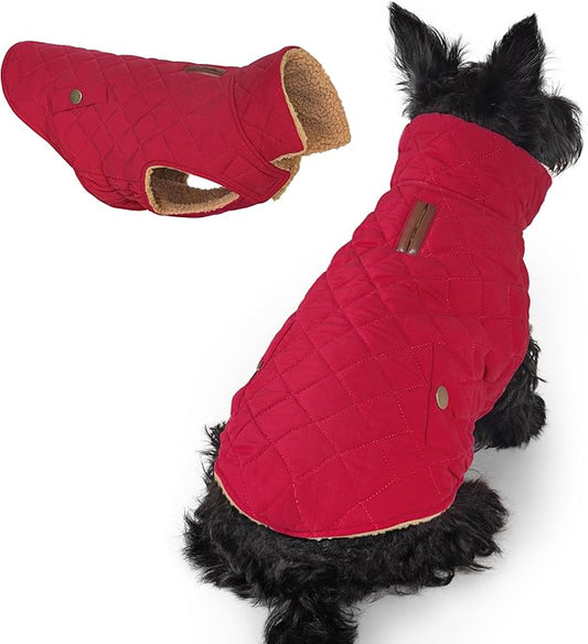azuza Dog Jacket Waterproof & Windproof Dog Coat for Small Dogs with Thick Fleece, High Collar with Leash Hole, Adjustable Velcro & Elastic Belly, Red L