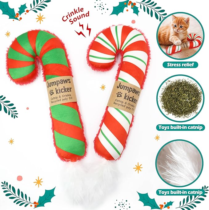 2 Pack Natural Interactive Catnip Cat Kicker Toys, Bite Resistant Chew Toy, Accessories for Indoor Cat, Christmas Candy Cane