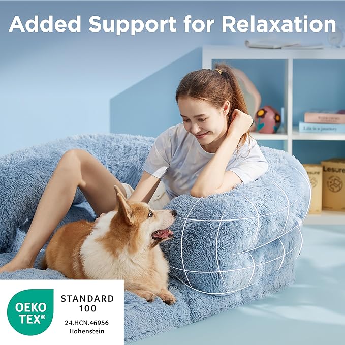 LE SURE Foldable Human Dog Bed - 3 in 1 Flexible Giant Human Dog Bed for Adult People with Supportive Bolster Egg Foam, Waterproof Liner, Calming Fluffy Faux Fur Orthopedic Big Bean Bed, Blue