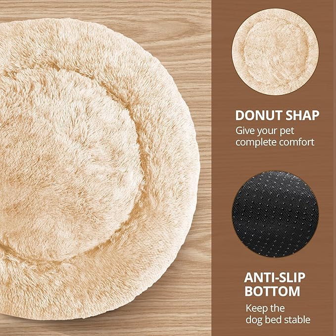 JOLLYVOGUE Calming Dog & Cat Bed for Large Dogs, Anti-Anxiety Donut Cuddler Cozy Soft Round Bed with Anti-Slip Bottom, Fluffy Faux Fur Plush Cushion Beds for Medium Dogs (36")