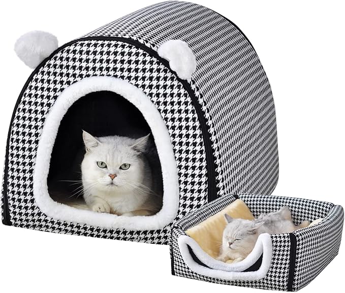 Cat Bed or Dog Bed,2 Ways to Use,Indoor Pet House with Fluffy Mat,Removable and Washable Cover,Non-Slip Bottom,for Cats and Small Dogs(S Black Cranes)