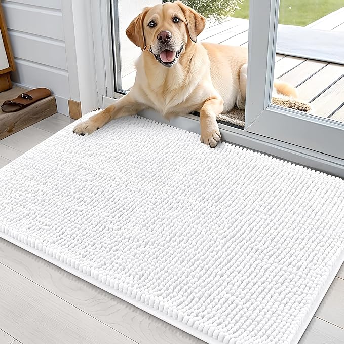 OLANLY Dog Door Mat for Muddy Paws 36x24, Absorbs Moisture and Dirt, Absorbent Non-Slip Washable Doormat, Quick Dry Chenille Mud Mat for Dogs, Entry Indoor Entryway Carpet for Inside Floor, White