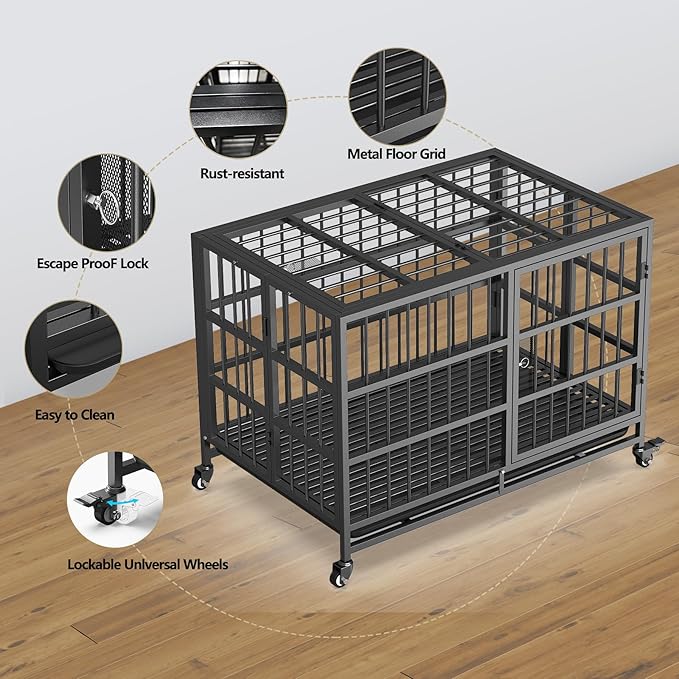 38in Heavy Duty Indestructible Dog Crate with Wheels, Rust-Resistant Folding XL Dog Cage Suitable for Medium to Large Dogs, New Upgrade Single-Handed Latch, Removable Tray, Max Load 400Lbs
