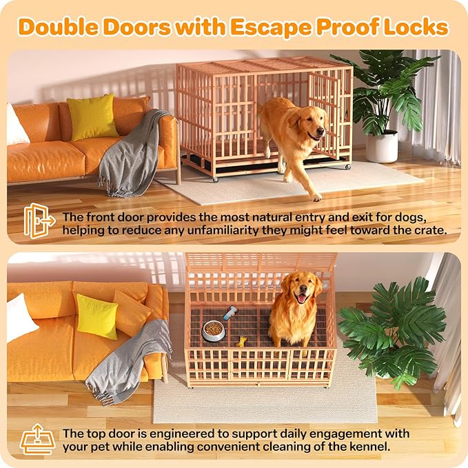 Heavy Duty Indestructible Dog Crate 48 Inch with Removable Tray, Sizes & Colors Optional, Escape Proof Double Door High Anxiety Cage Indoor, Kennel with Wheels for Large Dogs, XL XXL XXL