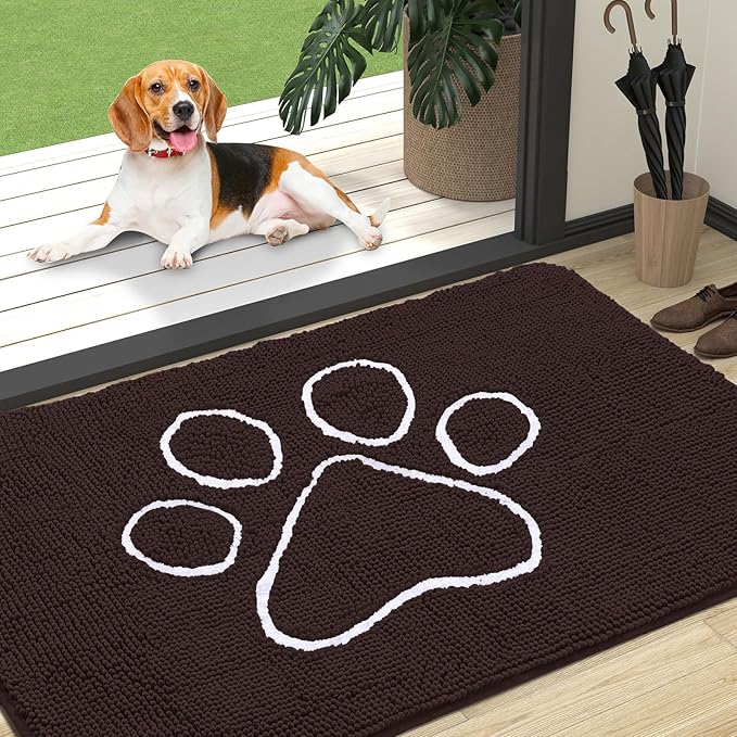 OLANLY Dog Door Mat for Muddy Paws 47x32, Paw Print Design, Absorbs Moisture and Dirt, Absorbent Non-Slip Washable Doormat, Quick Dry Chenille Mud Mat for Dogs, Entry Indoor Entryway Carpet, Brown