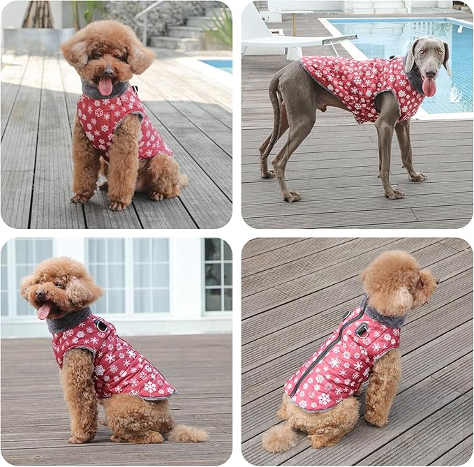 Warm Fleece Dog Coats with Durable Harness Buitl in D-Ring,Waterproof Doggie Jacket for Large Dogs,Dog Vest for Cold Winter,Red,Snow Pattern XXXL