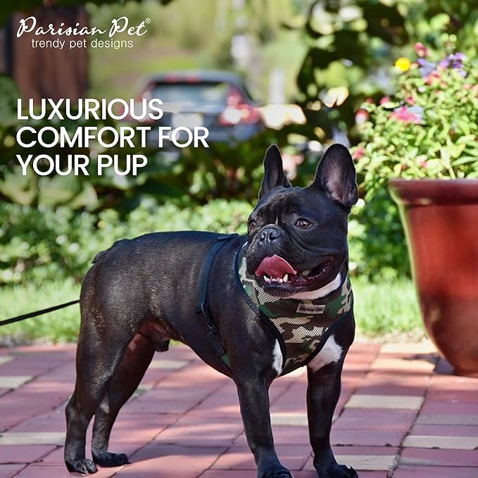 Parisian Pet Adjustable Freedom Dog Harness - Green Camo Vest - 100% Mesh Fabric Cooling - Ideal for Outdoor Adventures - Large to XL Sized Dogs