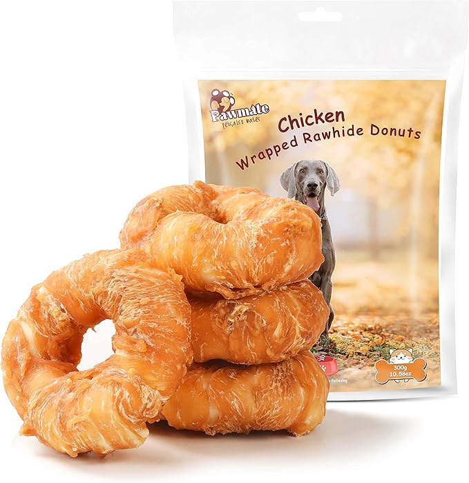 Dog Treats Large Breed, Chicken Wrapped Rawhide Donuts Ring, Rawhide Dog Chews Long Lasting, Grain Free Snacks with Taurine for Medium Large Dogs, 4 Counts