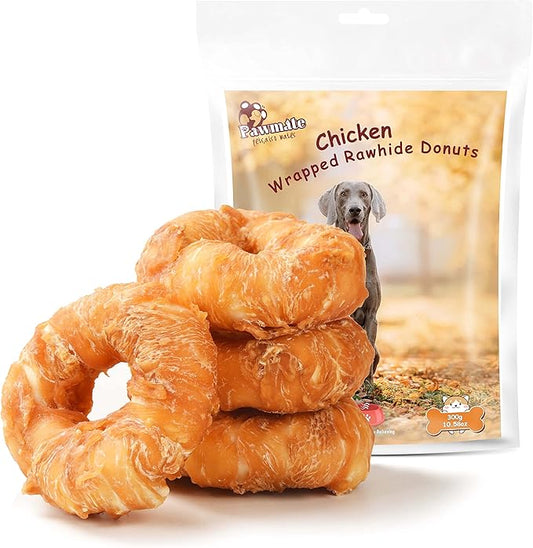 Dog Treats Large Breed, Chicken Wrapped Rawhide Donuts Ring, Rawhide Dog Chews Long Lasting, Grain Free Snacks with Taurine for Medium Large Dogs, 4 Counts