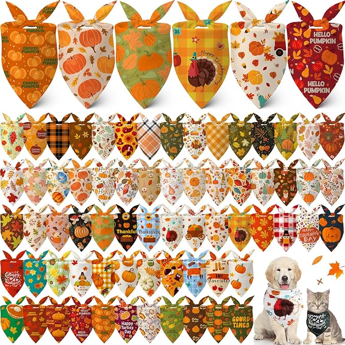 Lasnten 70 Pcs Fall Dog Bandanas Bulk Thanksgiving Dog Bandanas Pumpkin Pet Bibs Scarf for Dogs Triangle Scarf Holiday Costume for Small Medium Large Pet Accessories Grooming Supplies (Harvest)