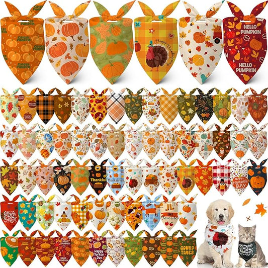 Lasnten 70 Pcs Fall Dog Bandanas Bulk Thanksgiving Dog Bandanas Pumpkin Pet Bibs Scarf for Dogs Triangle Scarf Holiday Costume for Small Medium Large Pet Accessories Grooming Supplies (Harvest)