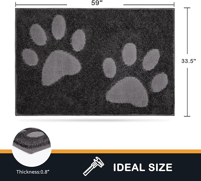 PURRUGS Dirt Trapping Door Mat 33.5" x 59", Non-Skid/Slip Machine Washable Microfiber Entryway Rug, Dog Doormat, Super Absorbent Welcome Mat for Muddy Wet Shoes and Paws, Charcoal