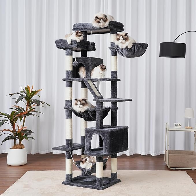 Heybly Cat Tree, 71-Inch-Tall Tower for Indoor Cats with 2 Perches, 2 Big Condos, 2 Hammocks, Basket, Scratching Pad, Large Cat Furniture and Condo, Smoky Gray HCT034G