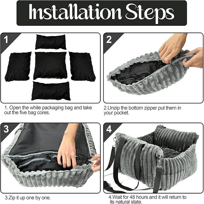 Dog Car Booster Seat, for Small Dogs Under 30 lbs, Detachable Washable Travel Bed with Storage Pockets and Safety Belt (Grey, Medium)