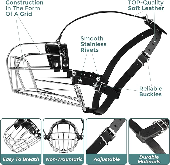 Metal Husky Muzzle for Large Sized Dog – Basket Muzzle for Dogs with Adjustable Leather Straps – Steel Cage Dog Muzzle to Prevent Biting and Eating – Mouth Guard for Large and Medium Dogs