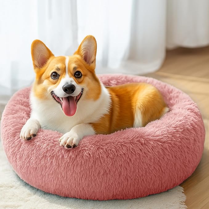 28in Large Dog Bed, Medium Size Dog and Cats, Calming Donut Bed for Puppy and Kitten, Washable Round Fluffy Pet Bed (Pink)