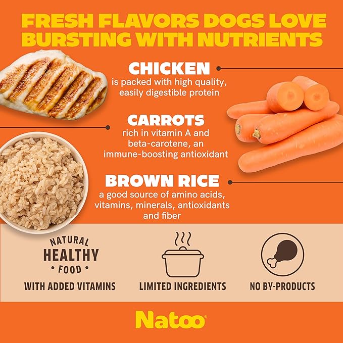 Natoo Dog Food Topper for Picky Eaters, Dog Treat (Chicken, Carrot, Brown Rice, & Quinoa) Dog Toppers for Dry Food, Wet Meal Toppers for Dogs & Puppies, Limited Ingredient Dog Food (Case of 20) 3oz Ea