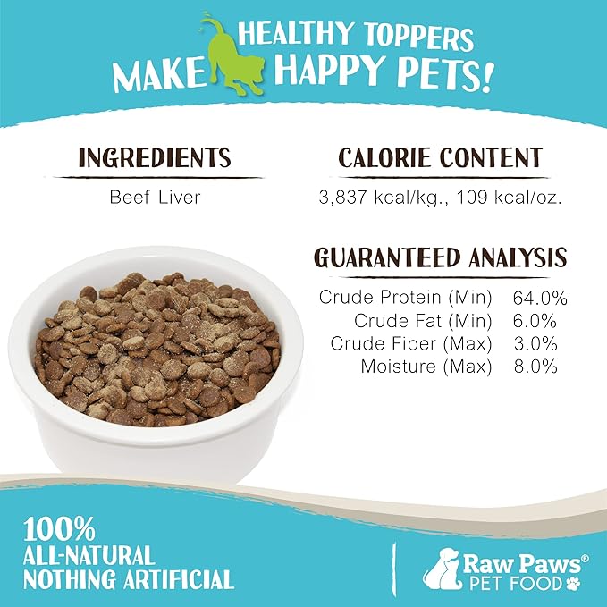Raw Paws Boost Pet Food Topper Freeze-Dried Beef Liver, 2.8-oz, Made in USA, Dog Food Toppers for Picky Eaters, Cat Gravy Dog Gravy Topper for Dry Food, Beef Liver Sprinkles for Dogs, Cat Food Toppers