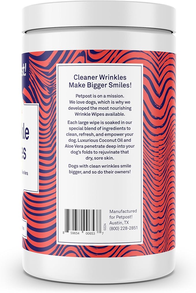 Petpost XL Wrinkle Wipes for Dogs | 60 Count Large 5x7 Dog Face & Wrinkle Cleaner | Gentle Pet Wipes with Coconut Oil & Aloe for Bulldogs, Pugs & Wrinkly Breeds | Dog Cleaning Wipes