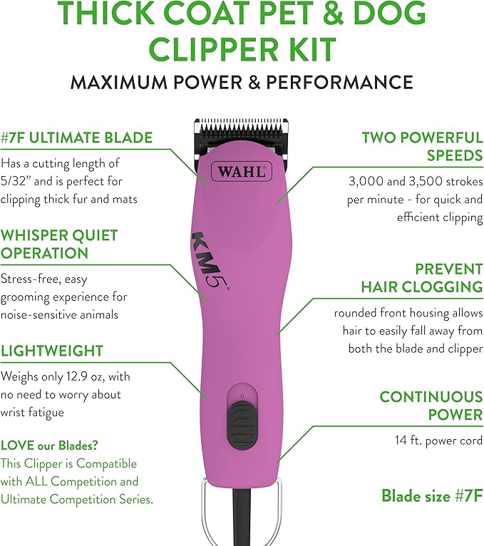 Wahl Professional Animal Thick Coat Pet Clipper & Dog Clipper (#9787-300) - Hair Remover - Grooming Clippers for Dog, Cat - for Thick Haired Pets - 2 Speeds - Pink