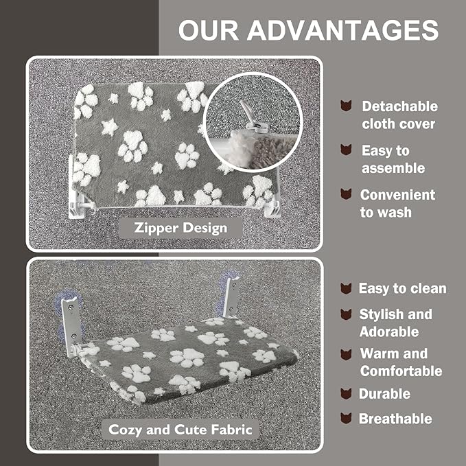 Cat Window Perch, Foldable Cat Window Hammock with Cute 3D Textured Paw Cover and Strong Suction Cups, Cordless Window Seat Bed for Indoor Cats (Grey, Large)