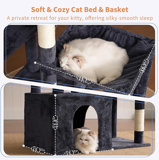 Heybly Heavy Duty Cat Tree, Tower for Indoor Cats large adult, Tall Cat Condo House with Extra-Large Baseboard, Multi-Level Plush Furniture with Scratching Posts, Hammock,Toy Balls, Smoky Gray HCT026G