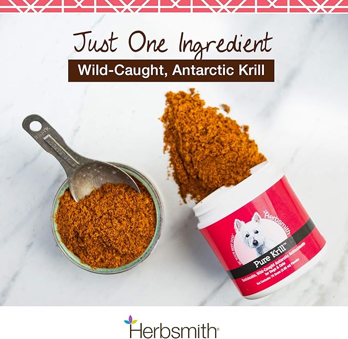 Herbsmith Pure Krill - Wild-Caught Antarctic Krill - Just 1 Ingredient - Astaxanthin for Dogs - Ready-to-Use Omega 3s – Alternative to Krill Oil for Dogs - 150g