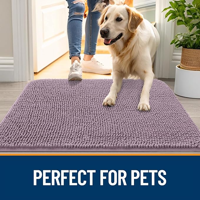 OLANLY Dog Door Mat for Muddy Paws 44x24, Absorbs Moisture and Dirt, Absorbent Non-Slip Washable Doormat, Quick Dry Chenille Mud Mat for Dogs, Entry Indoor Entryway Carpet for Inside Floor, Deep Plum