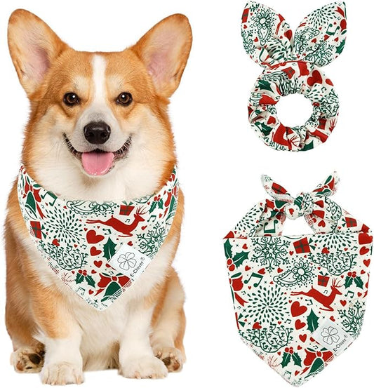 E-Clover Christmas Dog Bandanas & Matching Scrunchie Set White Green Red Dog Scarf Bibs Pet Bandana with Bow Tie for Small Dogs Puppy Owner Mom Winter