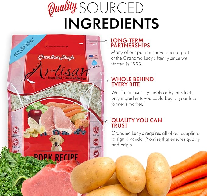 Grandma Lucy's Artisan Dog Food, Grain Free and Freeze-Dried - Artisan Pork, 3Lb Bag