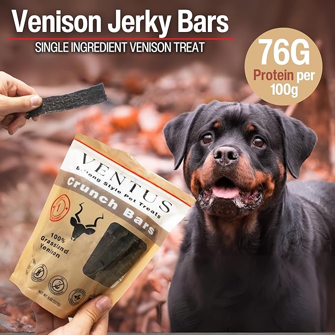 VENTUS Jerky Crunch Bars - Single Ingredient All Natural Venison Dog Training Treats, Healthy Air-Dried, High Protein No Additives, Grain Free, 8 oz