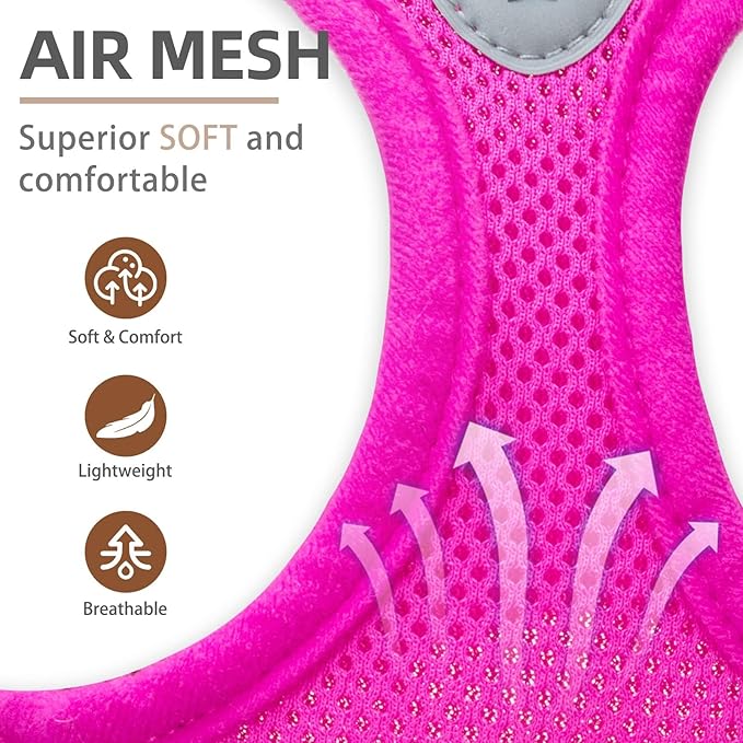 PUPTECK Adjustable Dog Harness Collar and Leash Set Step in No Pull Pet Harness for Small Medium Dogs Puppy and Cats Outdoor Walking Running, Soft Mesh Padded Reflective Vest Harnesses, Solid Pink XXS