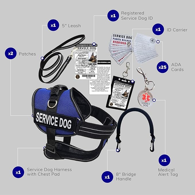 ActiveDogs Full Service Kit - 2XL Blue - Dog Vest Harness With Handle, ID, ID Holder, ADA Cards, Medical Alert Keychain, Leash & Patches