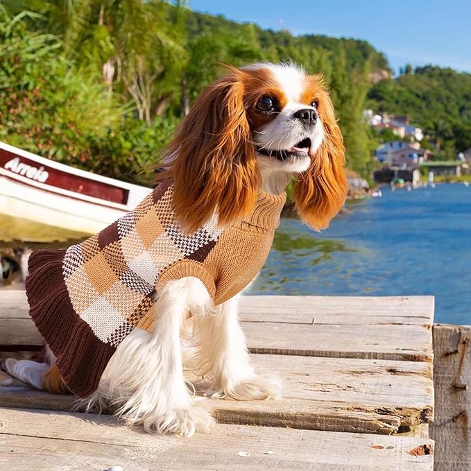 Dog Sweater Dress Plaid Knitwear for Small Medium Dogs Warm Puppy Pet Turtleneck Stretch Pullover Cute Fall Winter Vest Clothes with Leash Hole for Christmas (Coffee, XS)